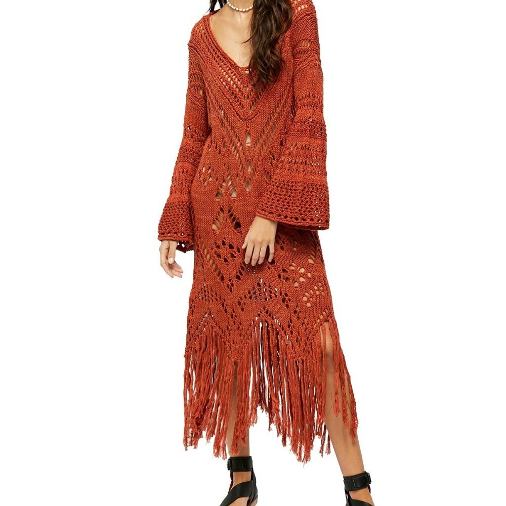 Free People Rust Orange Crochet Midi Dress with Fringe